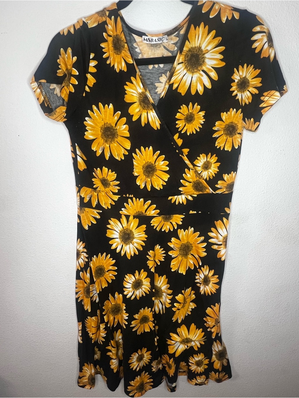 Black Midi Wrap Dress with Yellow Sunflower Print-108